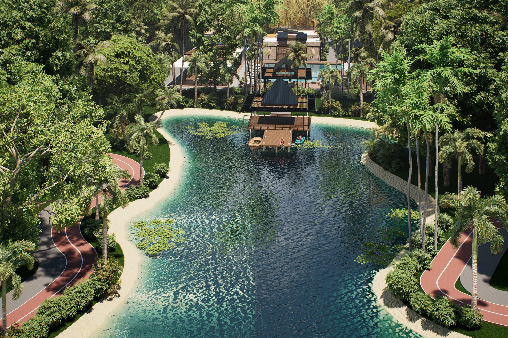 Render conceptual del lago con muelle rodeado de vegetación de Riberas de Comate II