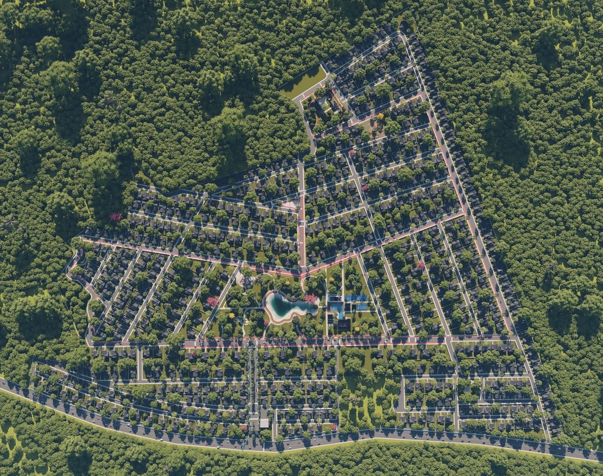 Visualización aérea conceptual de la distribución de Riberas de Comate II